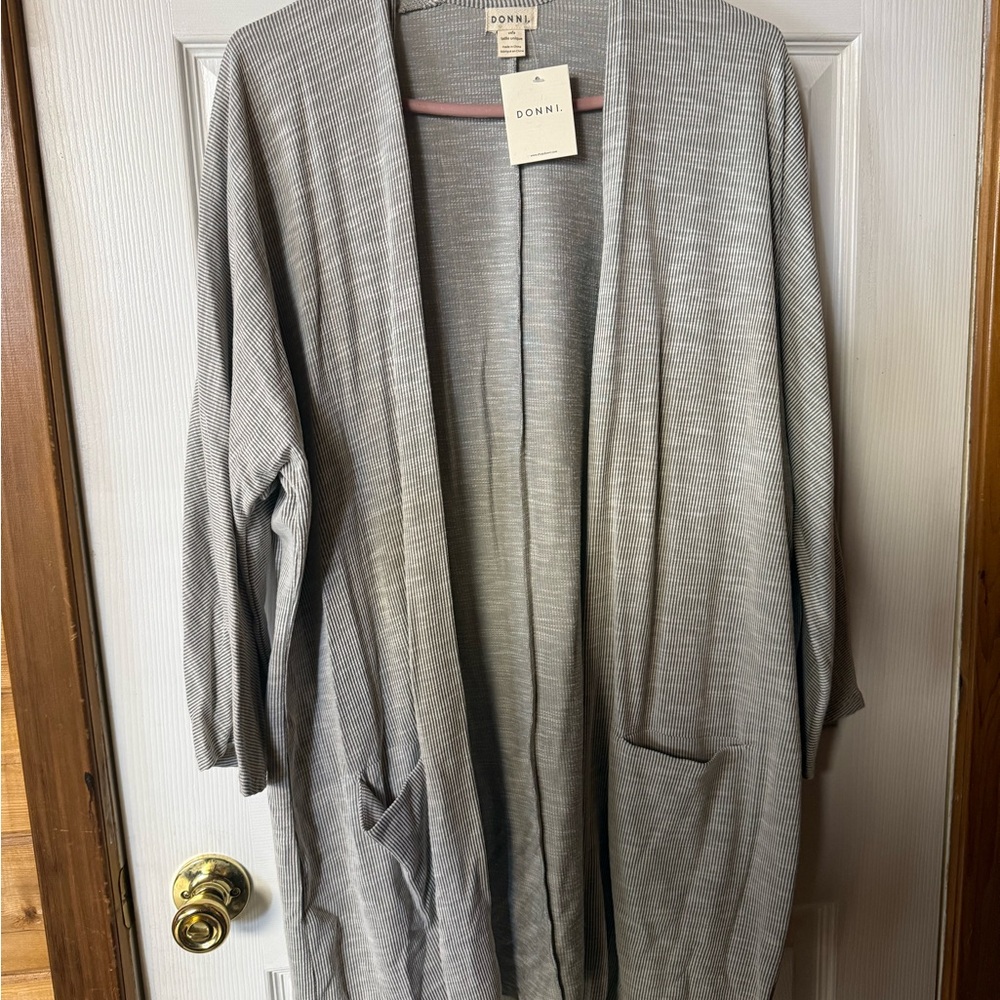 DONNI. Ribbed Open Front Cardigan in Light Gray